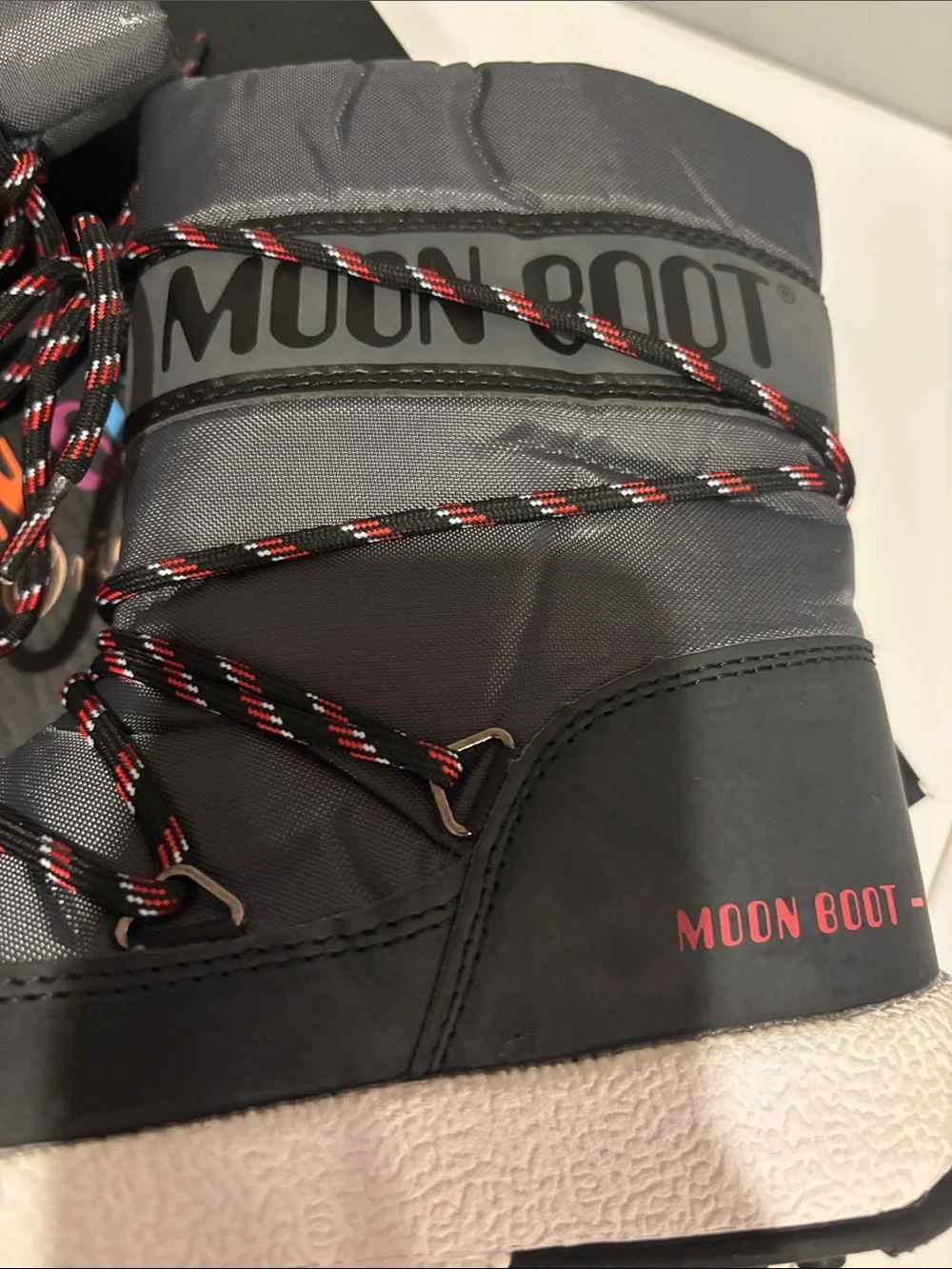 Moon Boot Kids Gray Winter Boots with Red-Detail Laces